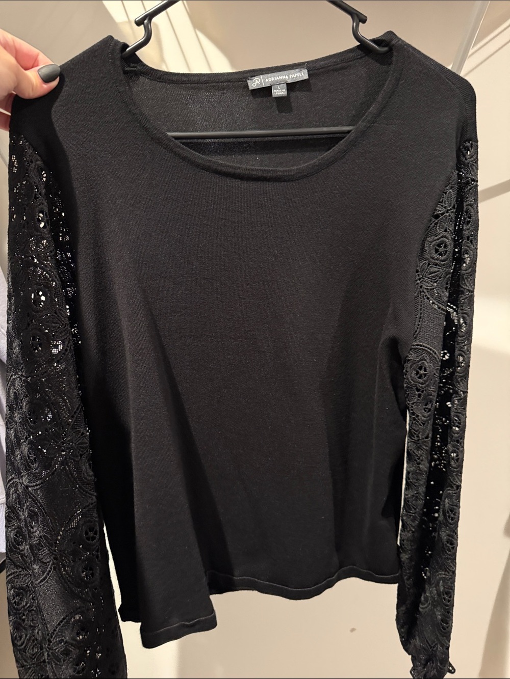 Adrianna Papell Black Long-Sleeve Knit Top with Lace & Sequin Sleeves